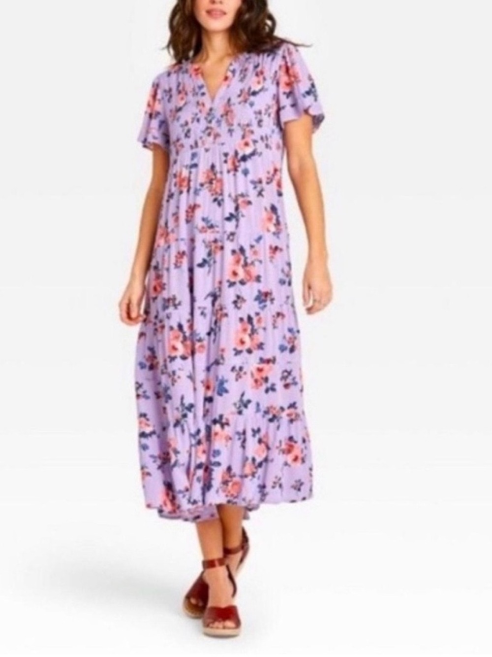 Knox Rose Lavender Floral V-Neck Tiered Midi Dress